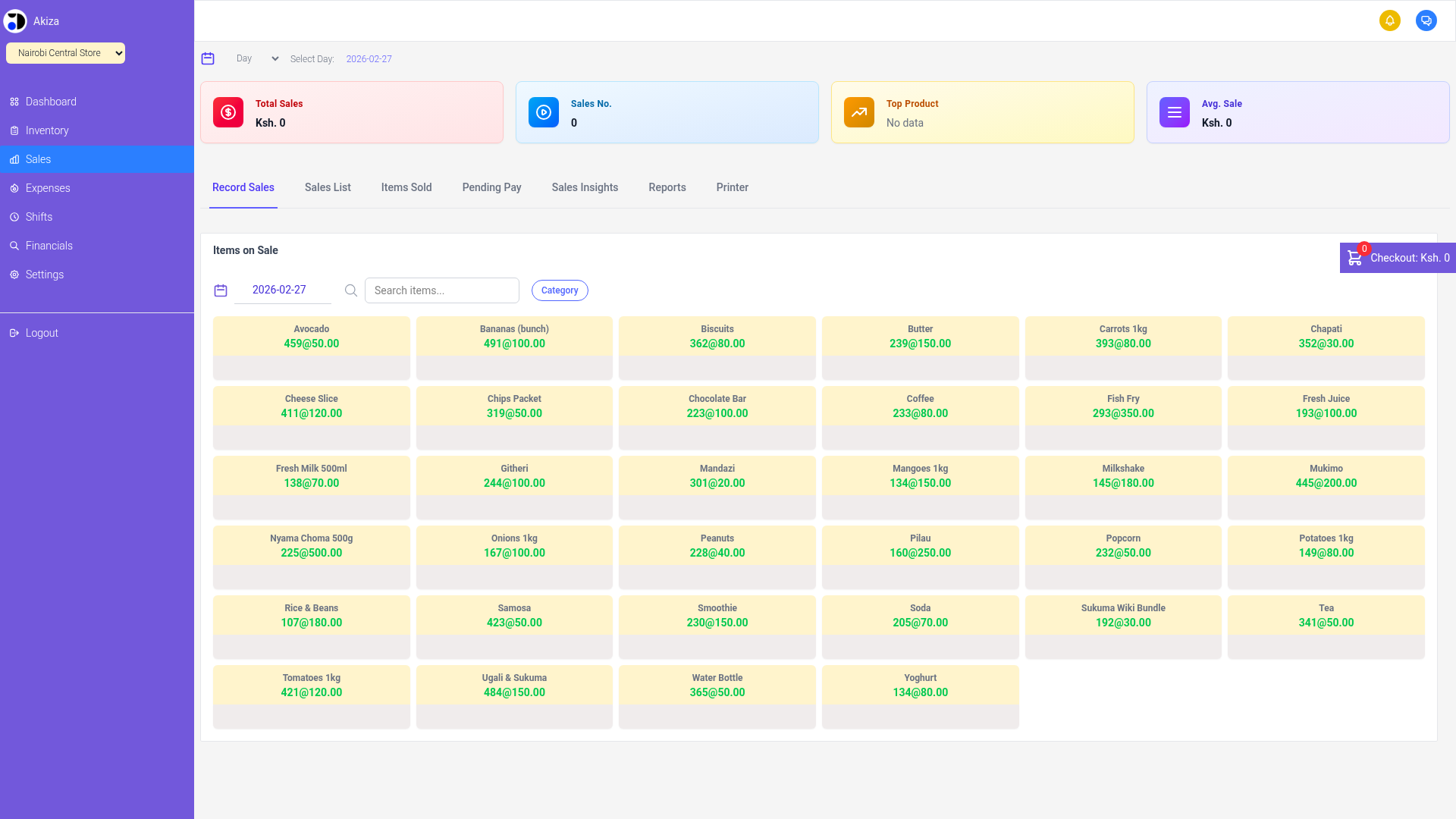 Akiza POS sales interface